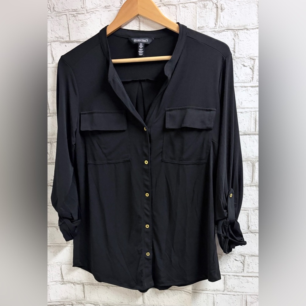 Ellen Tracy Black Button-Front Blouse Gold Buttons